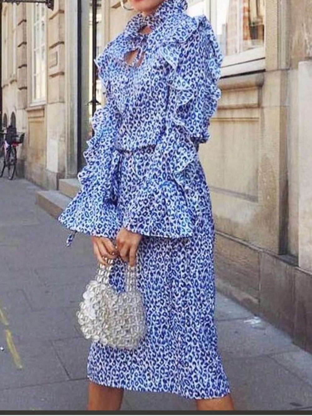Never Fully Dressed Blue Leopard Print Ruffle Midi Dress